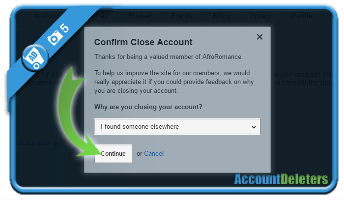 delete afroromance account 5